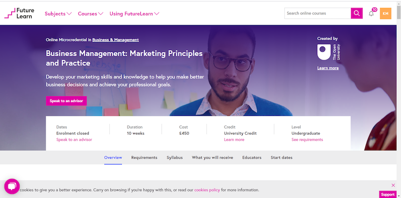 The homepage of a business management short course on e-learning platform Future Learn.