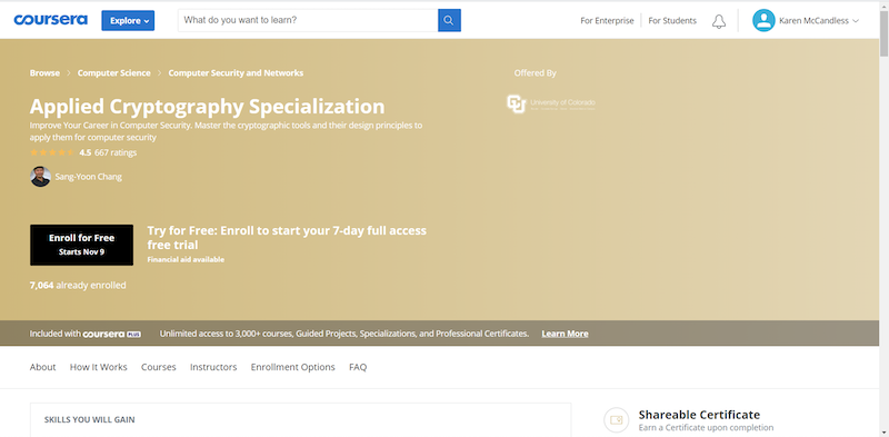 The enrollment page for the Applied Cryptography Specialization course on e-learning platform Coursera.