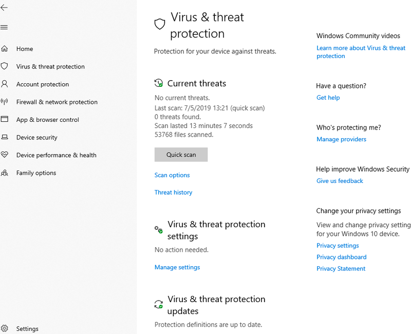 Microsoft Defender Antivirus summarizes the number of threats detected and date of the last scan in an easy-to-understand interface.