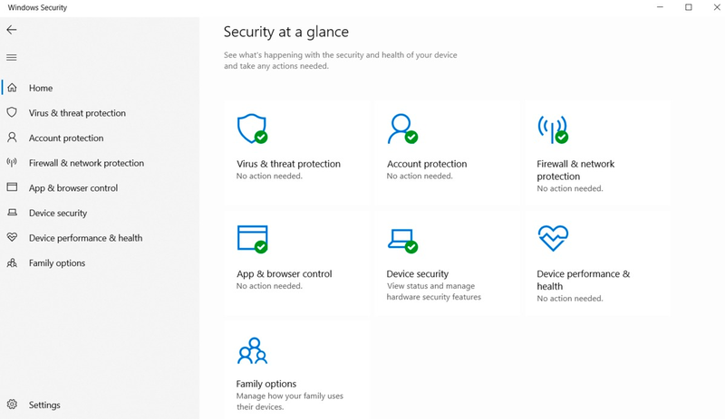 A set of seven components make up the security options within the Windows Security interface.