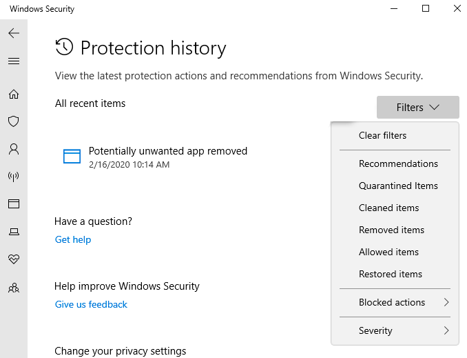 The Protection History screen shows a list of actions taken to protect your PC.