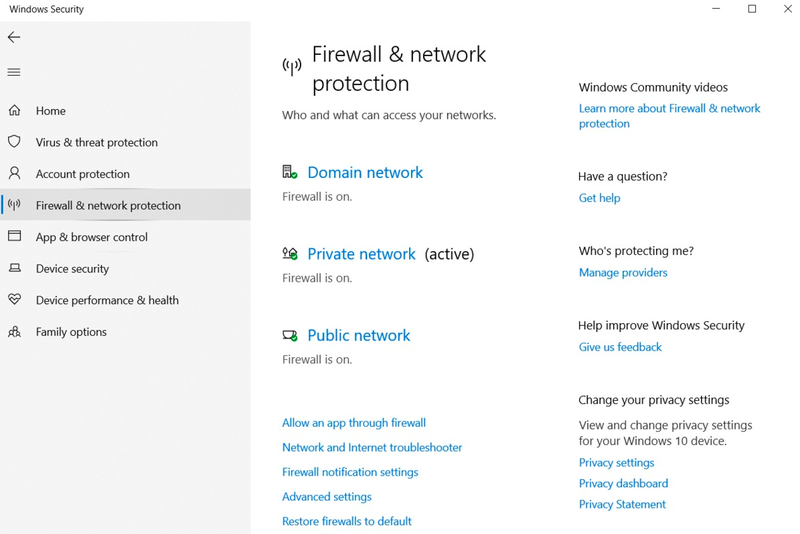 The firewall screen shows the settings available to manage your network’s firewall in Windows Security.