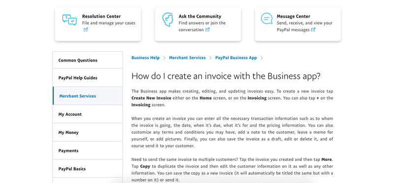 Ein Screenshot des Support-Centers von PayPal Here für technische Problemlösungen und Fragen.