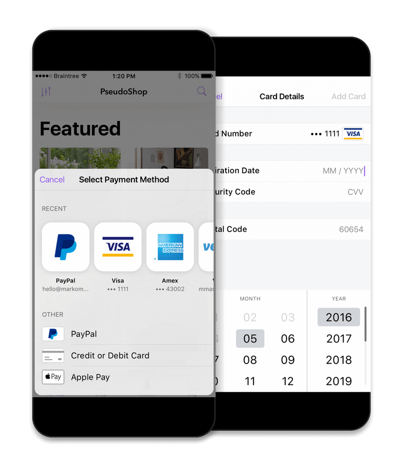 The Braintree payment gateway shown on two phone screens.