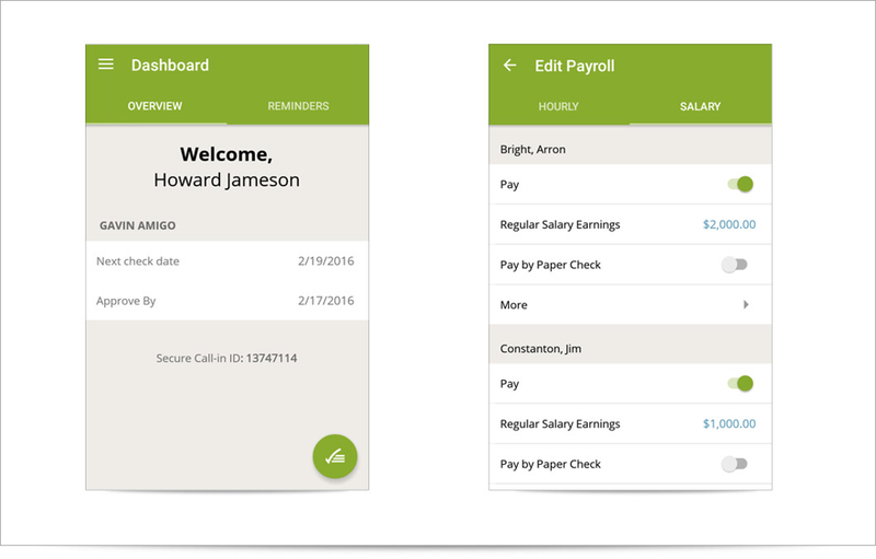 Two screenshots of SurePayroll mobile views including the dashboard screen and edit payroll view.