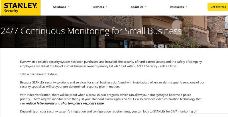 Screenshot of Stanley Security IT security page with copy discussing the small business advantages of its services.