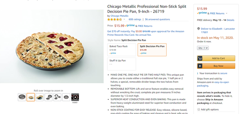 Screenshot of Amazon's purchase page for a Split Decision Pie Pan that lets you make two kinds of pie at once.
