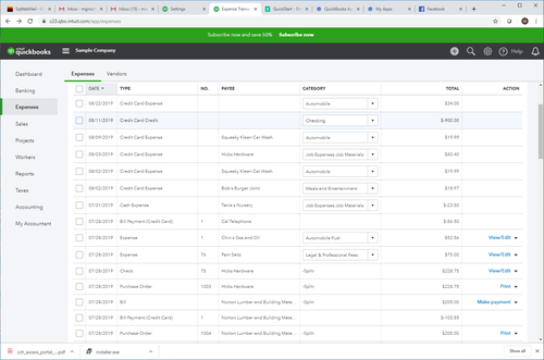 QuickBooks Expenses Screen