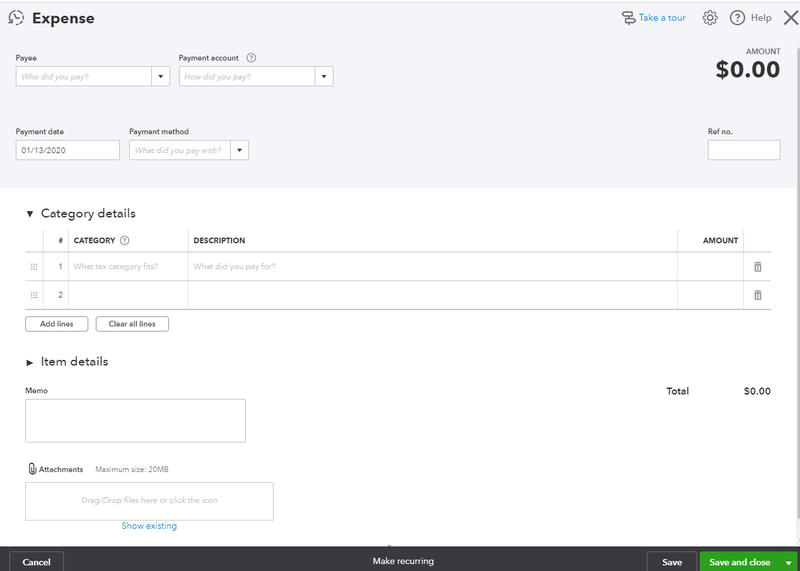 how to enter expenses in quickbooks online