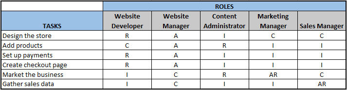 RACI Matrix with roles and tasks