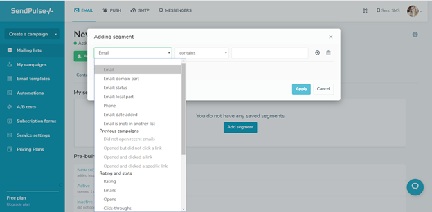 SendPulse segmentation selection screen with dropdown to choose from several data points including, email open, email click, sign up date, etc.