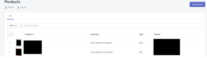 Shopify's product management page