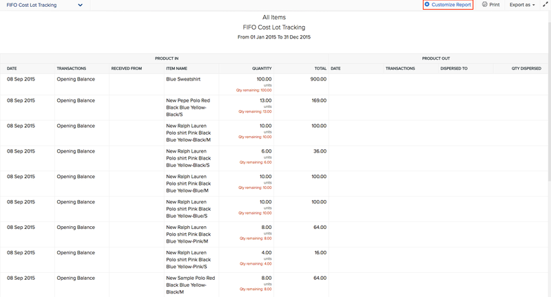 Example of Zoho Inventory’s FIFO cost lot tracking report.