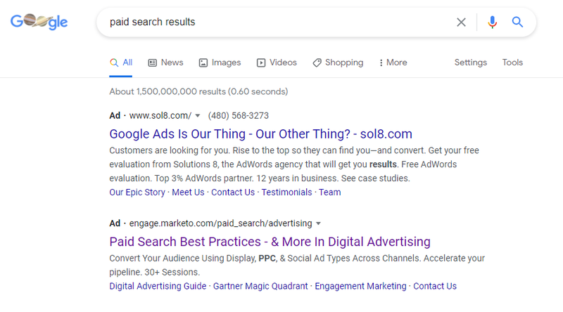 Image of the paid search ads on the search engine results page.