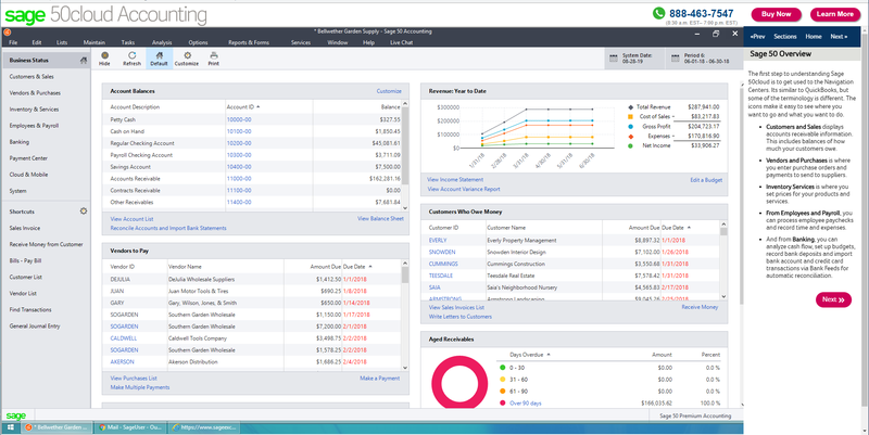 Een screenshot van het bedrijfsoverzichtsdashboard van Sage 50cloudaccounting.