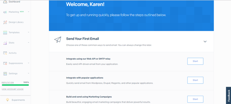 SendGrid welcome screen with beginner steps to help you send your first email
