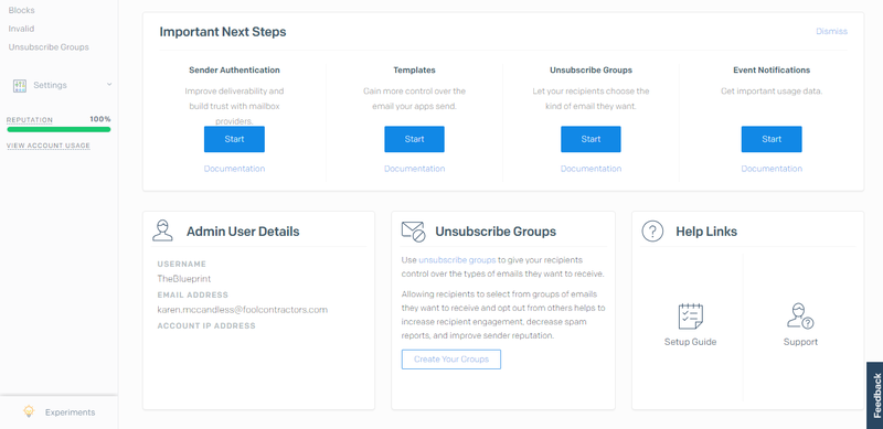 SendGrid main dashboard with cards for next steps to take, admin user details, and help links.