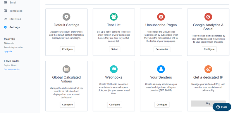 Sendinblue email settings including creating a test list and personalizing the unsubscribe button