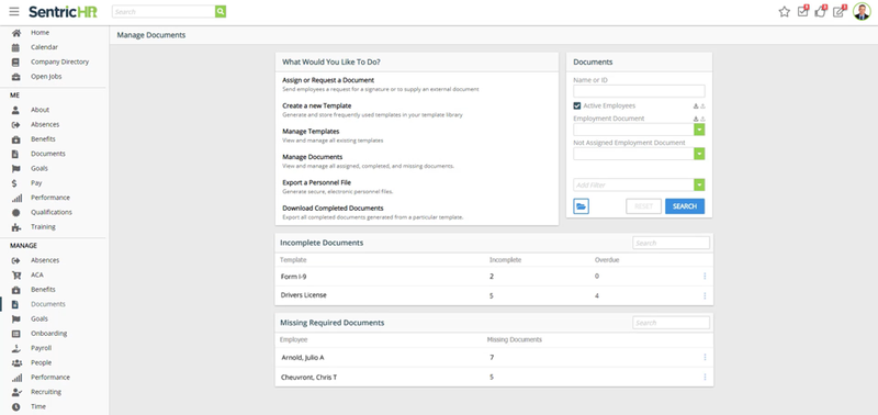 Screenshot of SentricHR dashboard