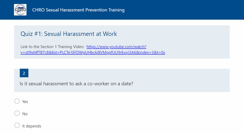 A quiz from Connecticut's online sexual harassment training.