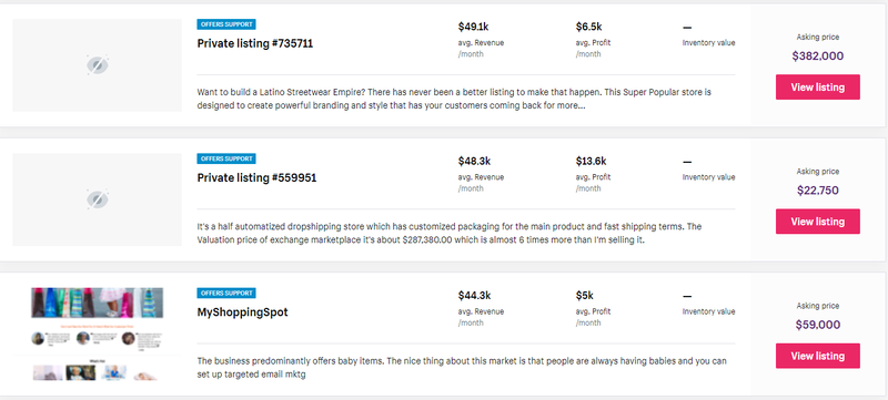 Shopify Exchange showing e-commerce stores available for purchase with details about asking price, average monthly revenue, store information, etc.