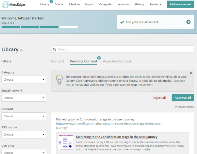 The image shows pending recommended content on the MeetEdgar library, as well as filters, content categories, search bar, and the content preview and link.