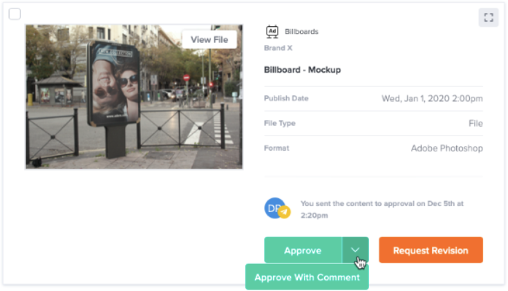 A content draft of a billboard mockup, the content’s details, and clickable Approve and Request Revision buttons.