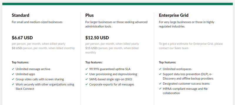 slack pricing plans