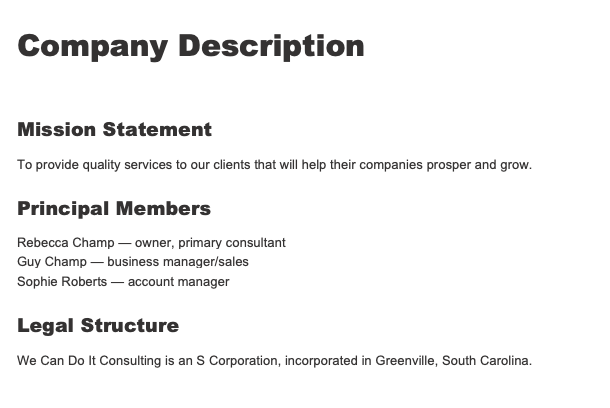 company description of business plan