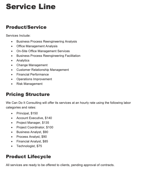 service and product line example in business plan