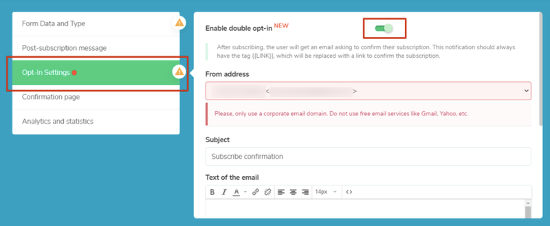 The screenshot shows the double opt-in option.