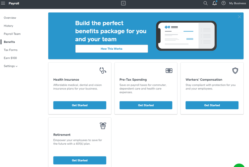 A screenshot of Square Payroll's tool for offering benefits to employees