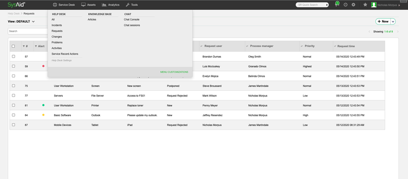 SysAid’s main dropdown menu