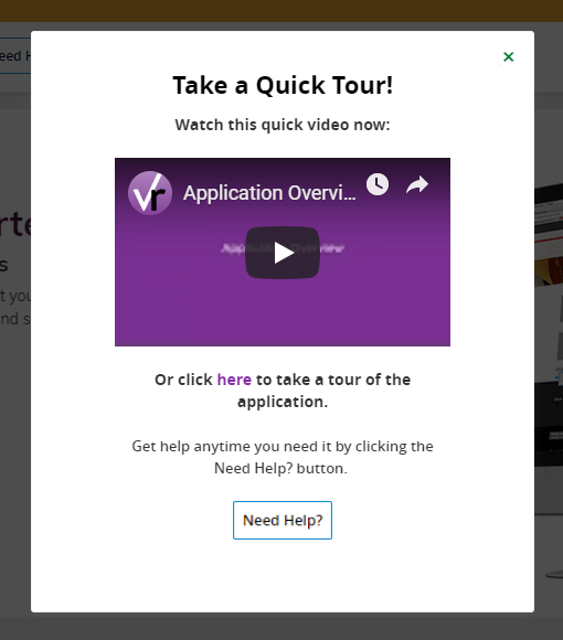 VerticalResponse popup with video of a software tour.