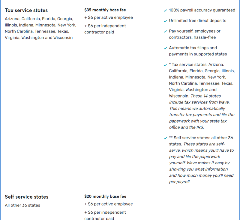 Screenshot of Wave Payroll’s payroll service plans for small businesses.