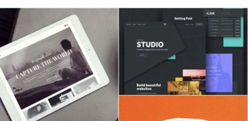 A screenshot of Weebly theme options, one showing a muted photo on an angled tablet and the other an illustration to look like overlapping notes in gray, turquoise and purple.