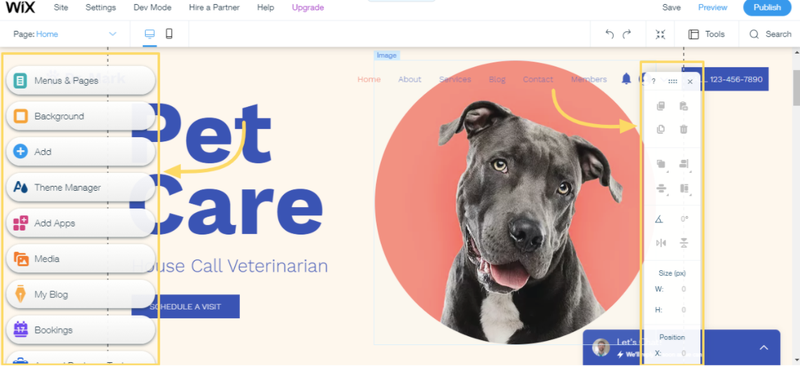 The Wix website editor page.