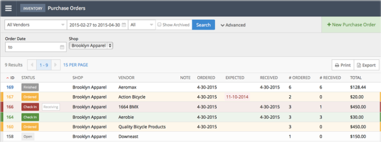 The Lightspeed purchase order management page showing the platform’s features and columns and rows containing purchase order information.
