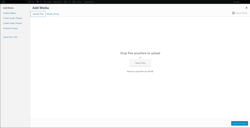 Screenshot of the WordPress “Add Media” page with instructions to drag files to upload.