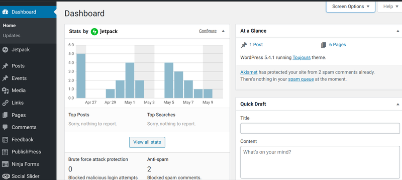 The classic WordPress admin dashboard has a left-hand navigation menu and customizable content blocks.