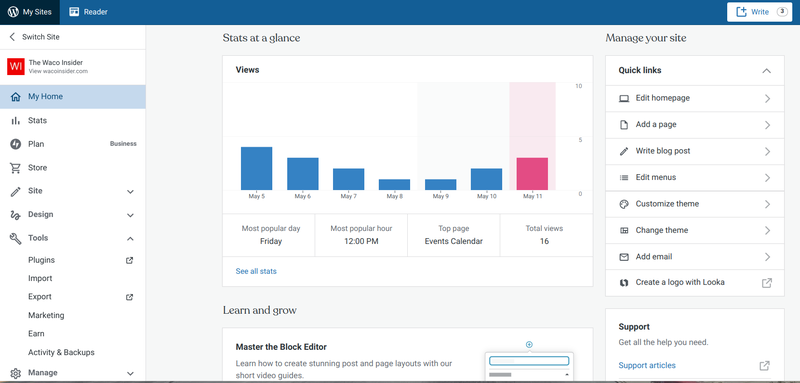 The newer WordPress.com admin dashboard has left- and right-hand menus, content blocks in the middle of the page, and a menu option to go to the classic dashboard.