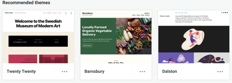 Three free WordPress.com website themes — Twenty Twenty, Barnsbury, and Dalston — demonstrate the wide range of design possibilities.