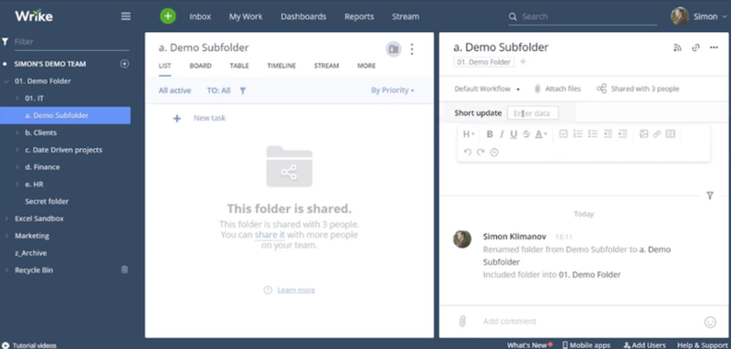 Wrike’s main dashboard with navigation menus on the left side and folders on the right.