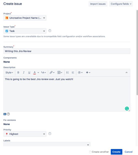 Form to submit issue for project in Jira, with fields for type, name and description