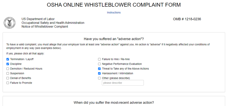  OSHA # x27; formulaire de plainte de dénonciateur en ligne.