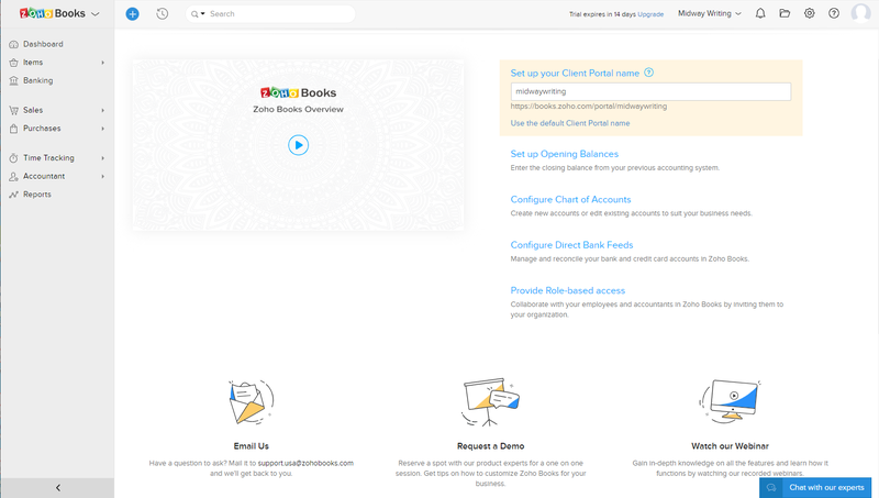 Zoho Books getting started page with a tutorial video and set up prompts.