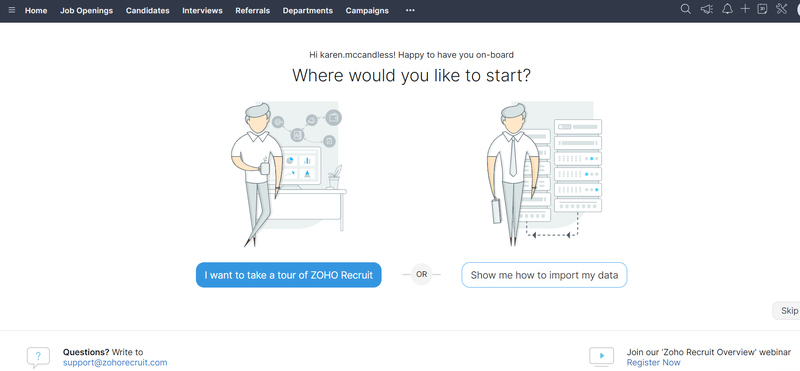 Zoho Recruit's welcome page with take a tour or import my data options