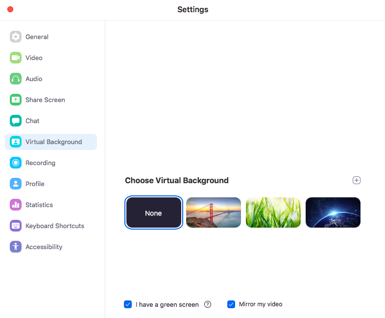Zoom settings showing the virtual background available, with a toolbar of setting options on the left-hand side.
