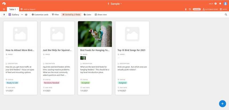 Gallery view in a simple Airtable base.