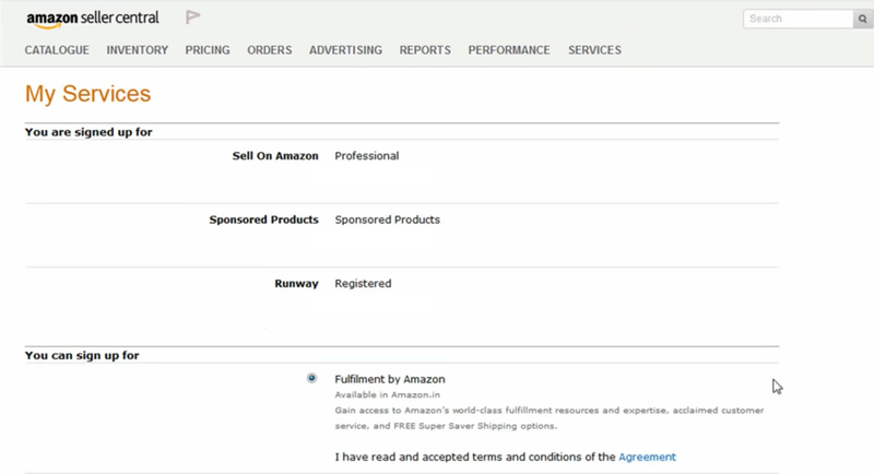 An Amazon seller account registering for FBA.